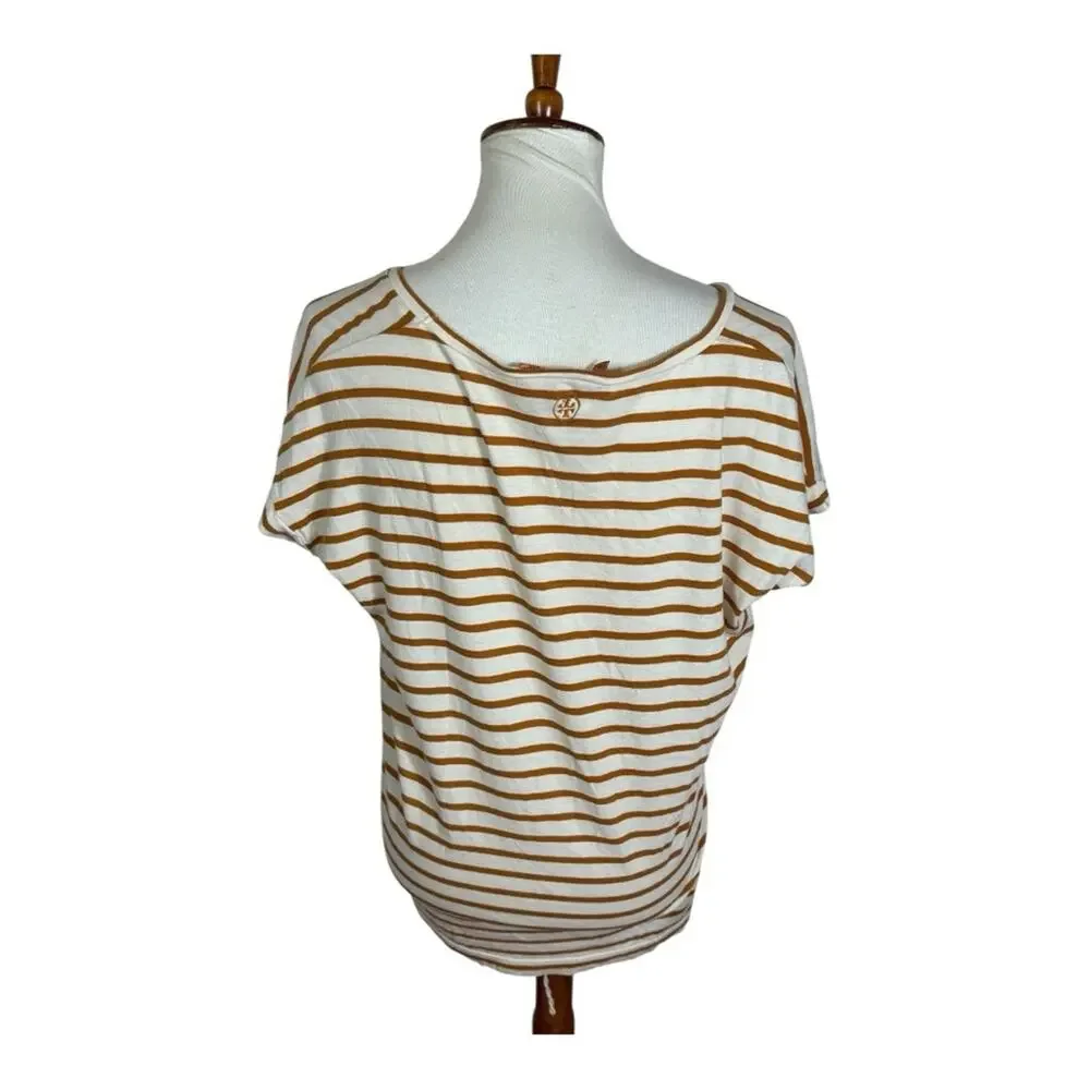 Tory Burch Soft Striped V Neck Brown and White Women's Tee Size L
